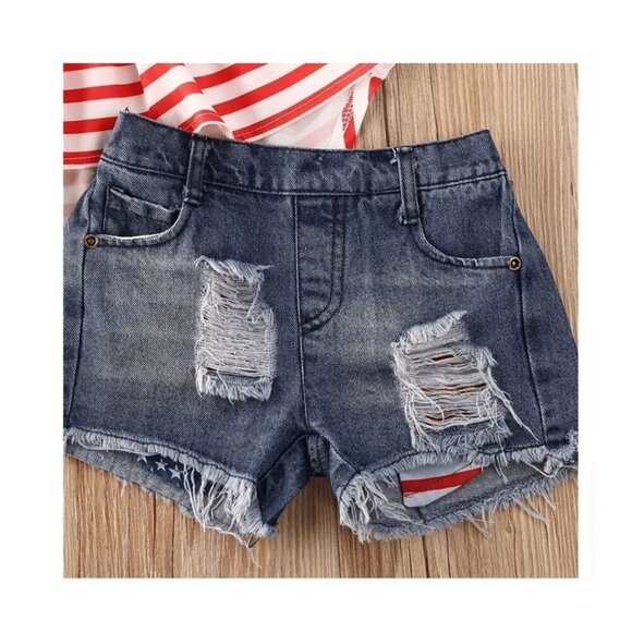 2pc Patriotic Girls Asymmetrical Halter Dress with Blue Jean Shorts Size 1-2Y-6Y - Picture 5 of 5